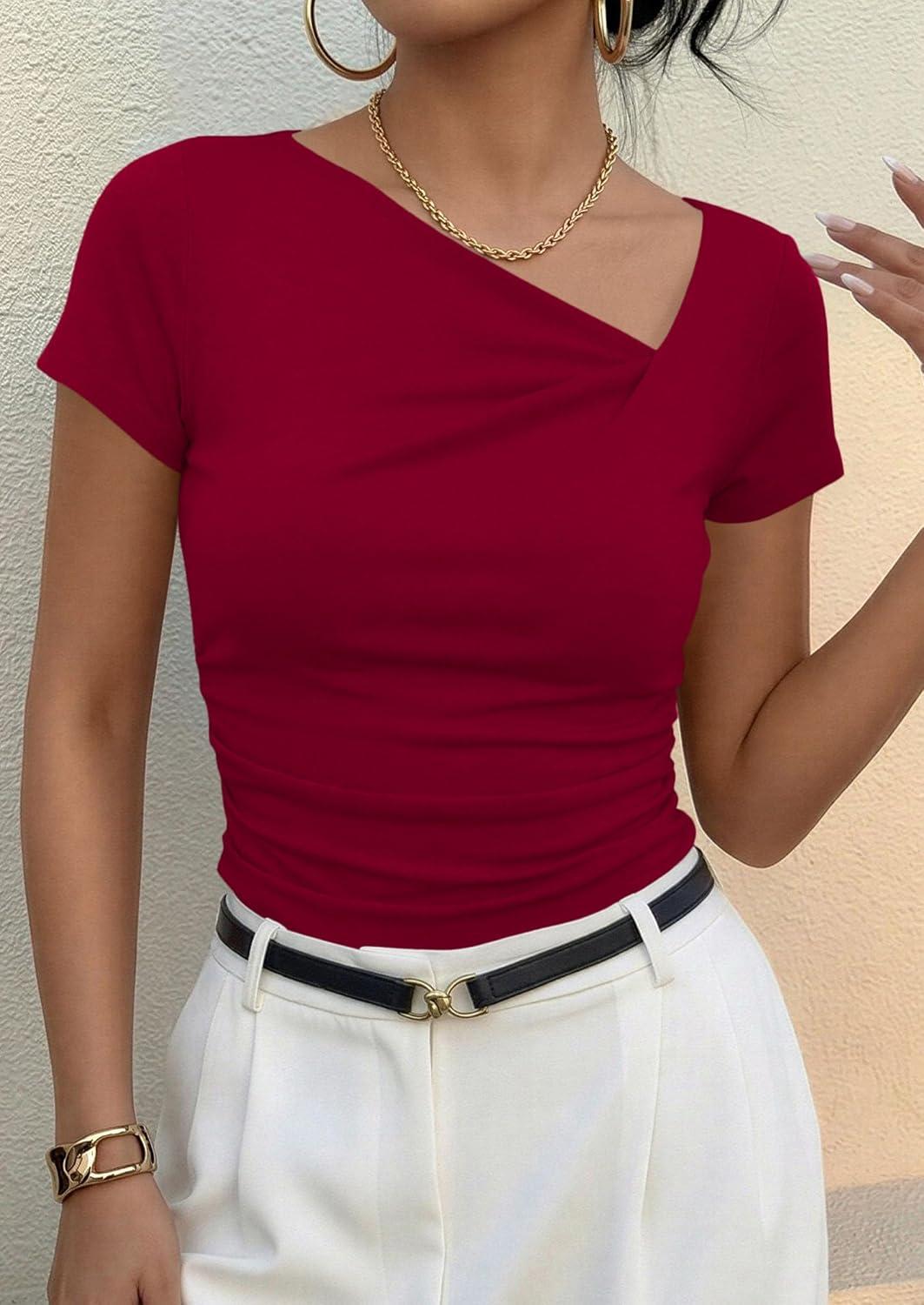 imagePRETTYGARDEN Womens 2026 Summer Asymmetrical Y2K Tops Trendy Ribbed Short Sleeve Fitted Tee Shirts Spring Fashion ClothingRed