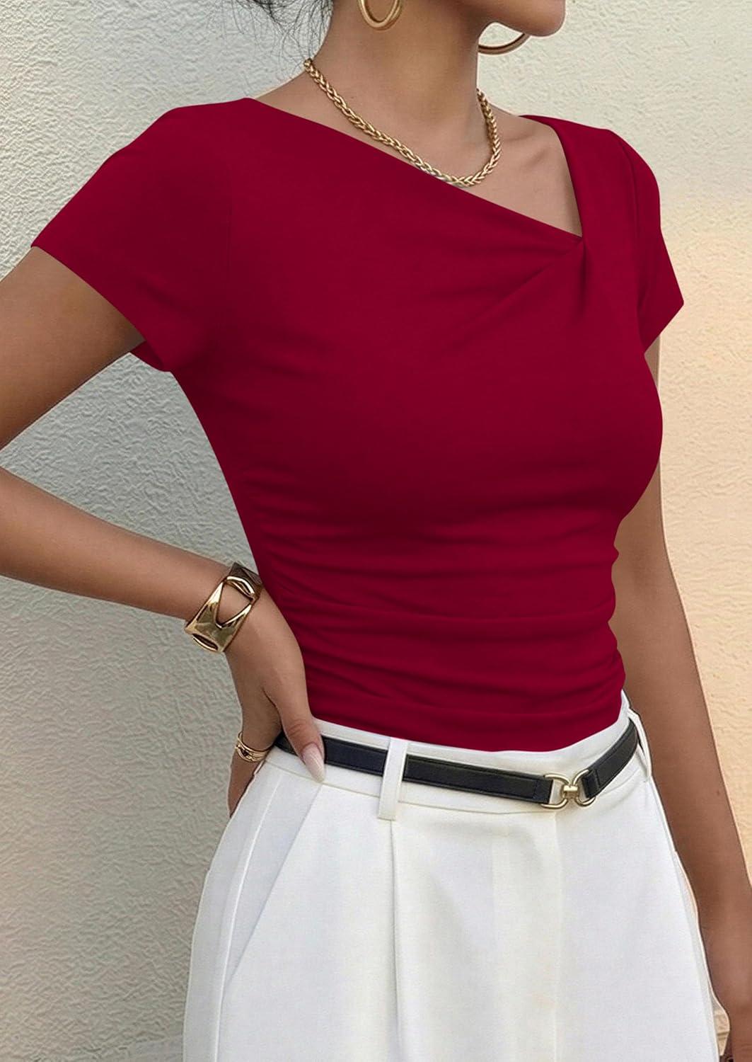 imagePRETTYGARDEN Womens 2026 Summer Asymmetrical Y2K Tops Trendy Ribbed Short Sleeve Fitted Tee Shirts Spring Fashion ClothingRed