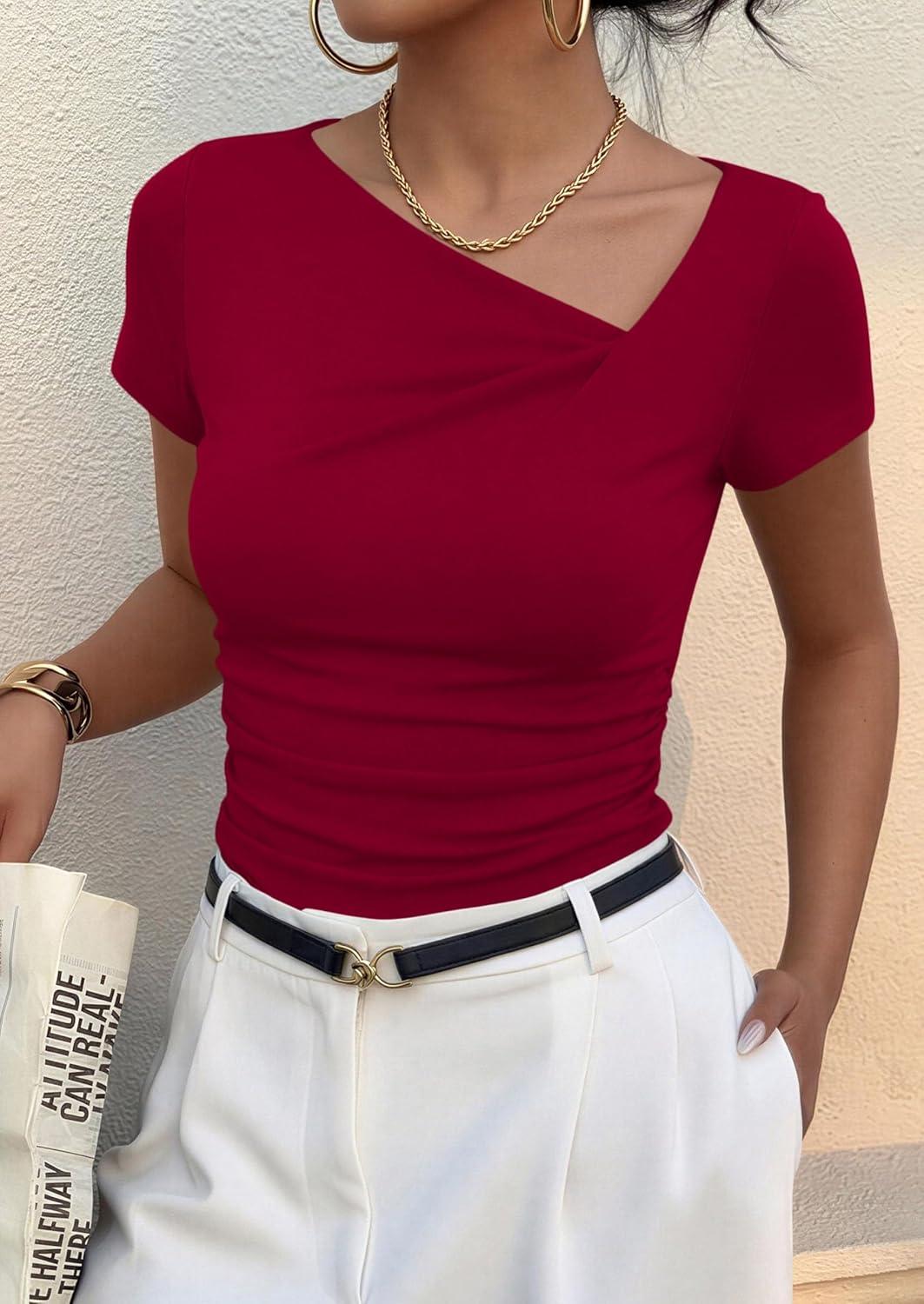 imagePRETTYGARDEN Womens 2026 Summer Asymmetrical Y2K Tops Trendy Ribbed Short Sleeve Fitted Tee Shirts Spring Fashion ClothingRed