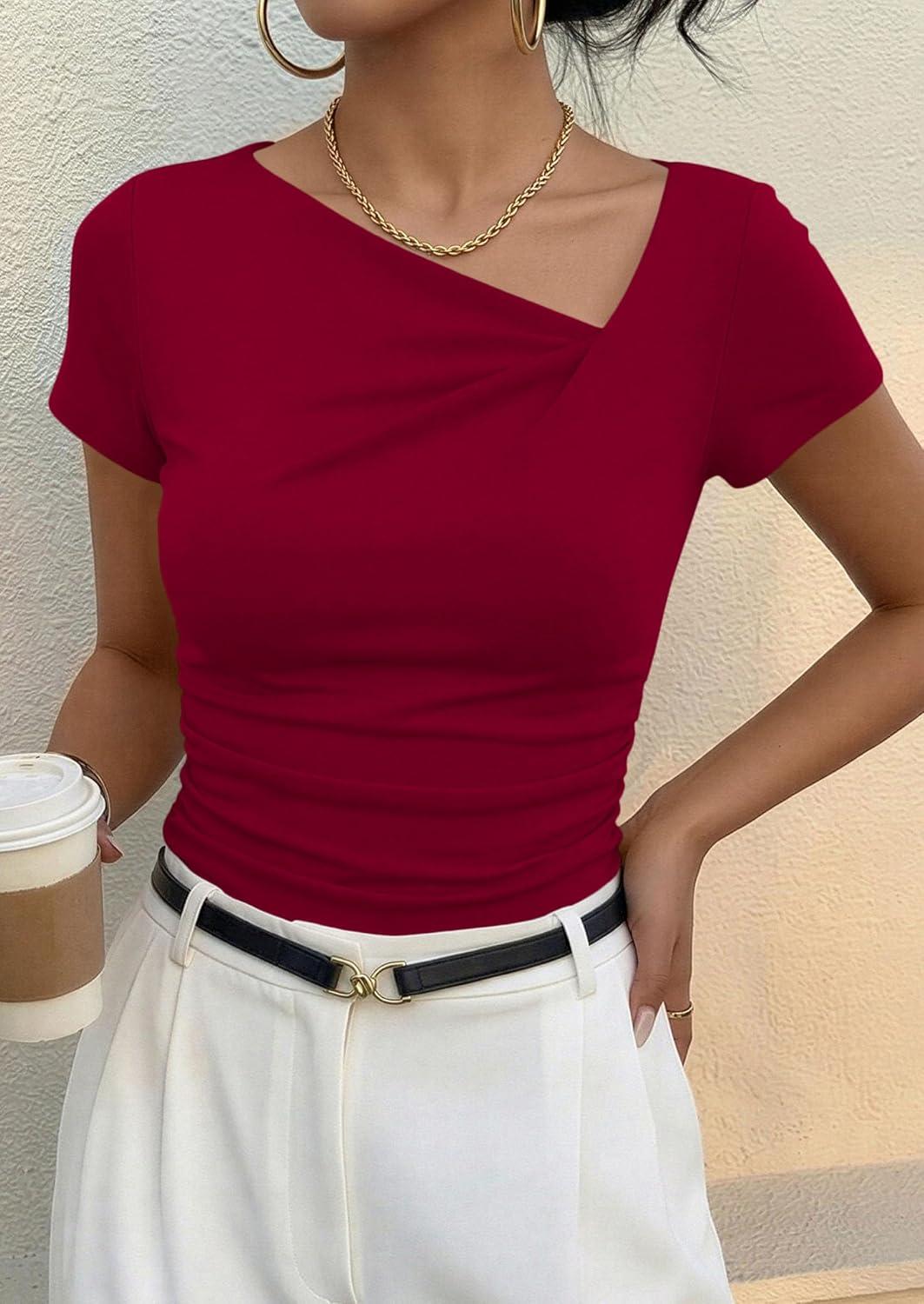 imagePRETTYGARDEN Womens 2026 Summer Asymmetrical Y2K Tops Trendy Ribbed Short Sleeve Fitted Tee Shirts Spring Fashion ClothingRed