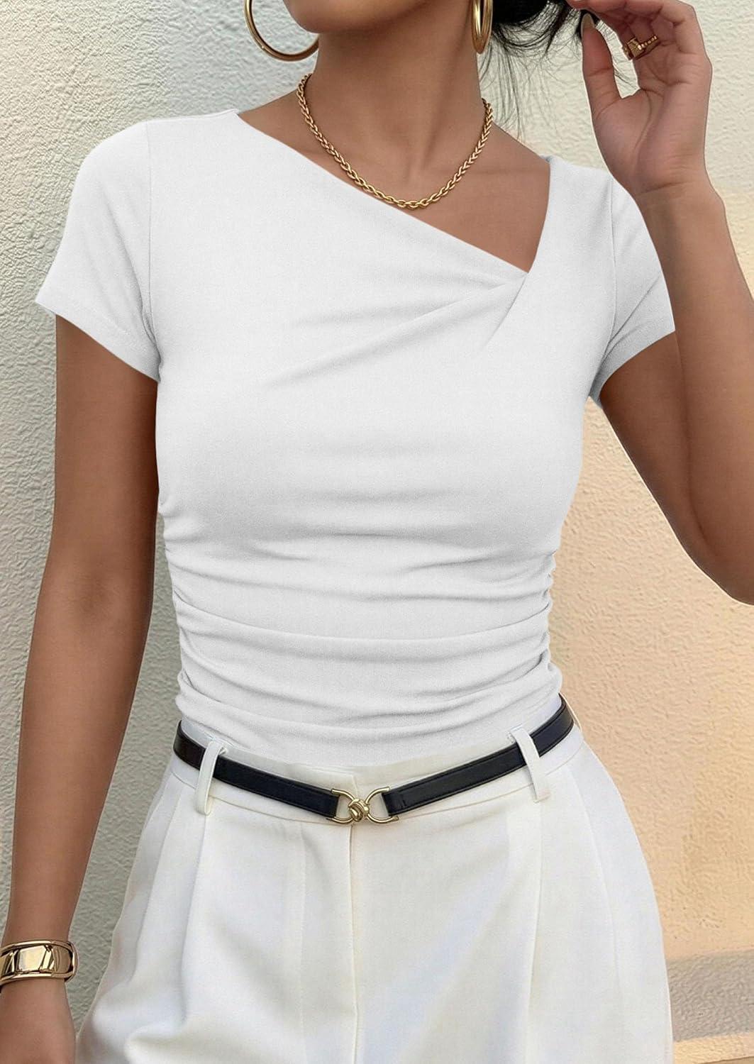 imagePRETTYGARDEN Womens 2026 Summer Asymmetrical Y2K Tops Trendy Ribbed Short Sleeve Fitted Tee Shirts Spring Fashion ClothingWhite
