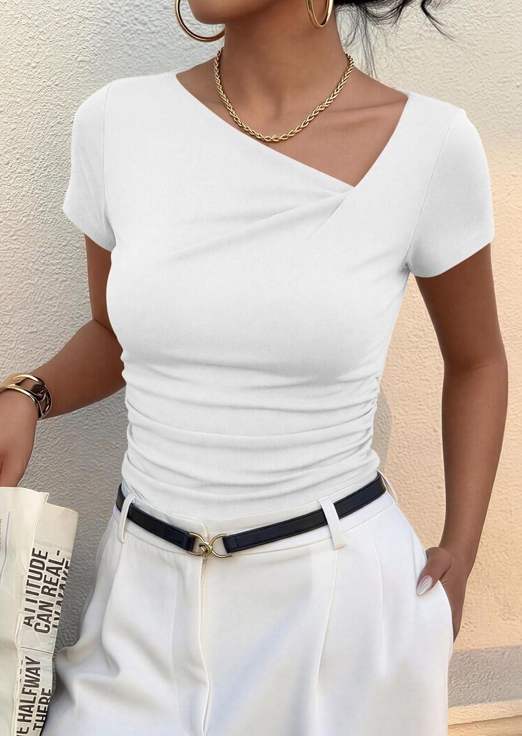 imagePRETTYGARDEN Womens 2026 Summer Asymmetrical Y2K Tops Trendy Ribbed Short Sleeve Fitted Tee Shirts Spring Fashion ClothingWhite