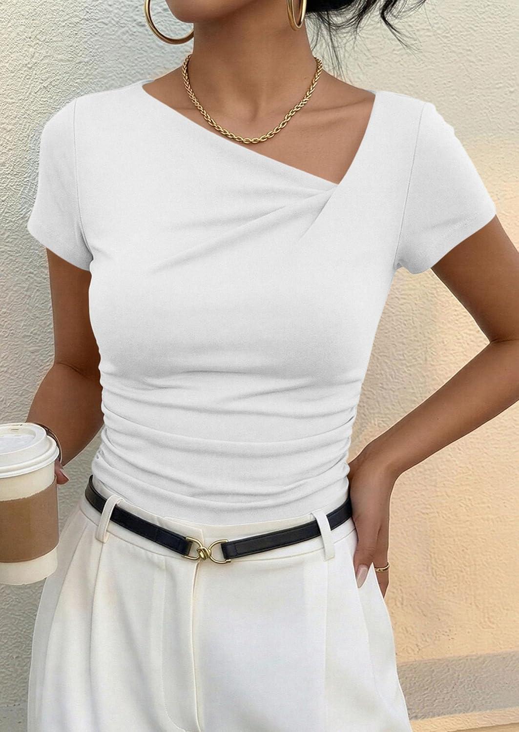 imagePRETTYGARDEN Womens 2026 Summer Asymmetrical Y2K Tops Trendy Ribbed Short Sleeve Fitted Tee Shirts Spring Fashion ClothingWhite