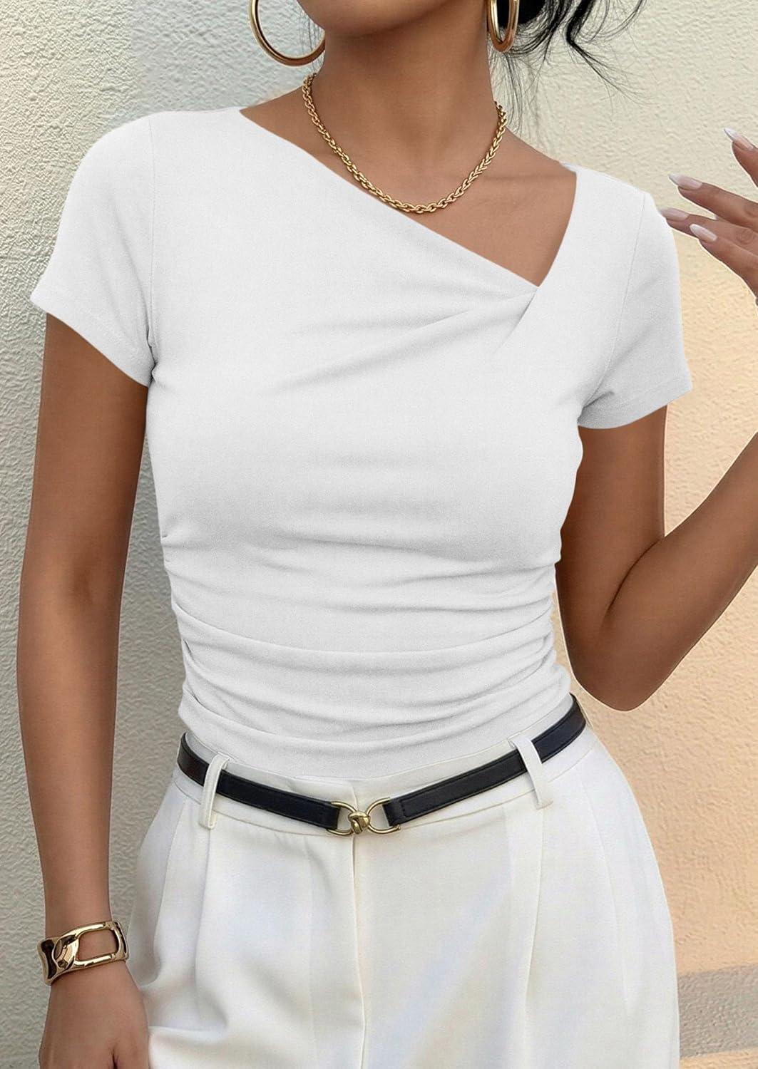 imagePRETTYGARDEN Womens 2026 Summer Asymmetrical Y2K Tops Trendy Ribbed Short Sleeve Fitted Tee Shirts Spring Fashion ClothingWhite