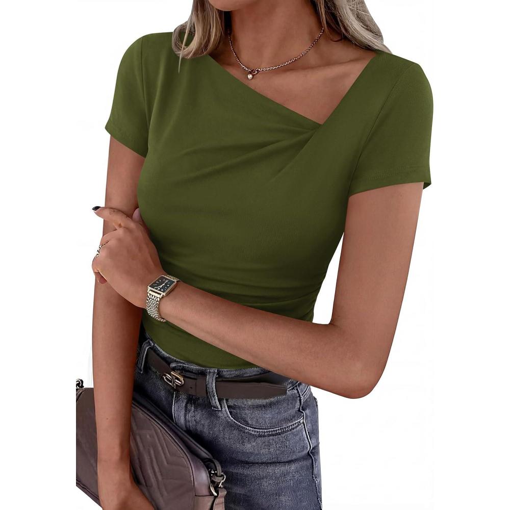 imagePRETTYGARDEN Womens 2026 Summer Asymmetrical Y2K Tops Trendy Ribbed Short Sleeve Fitted Tee Shirts Spring Fashion ClothingArmy Green