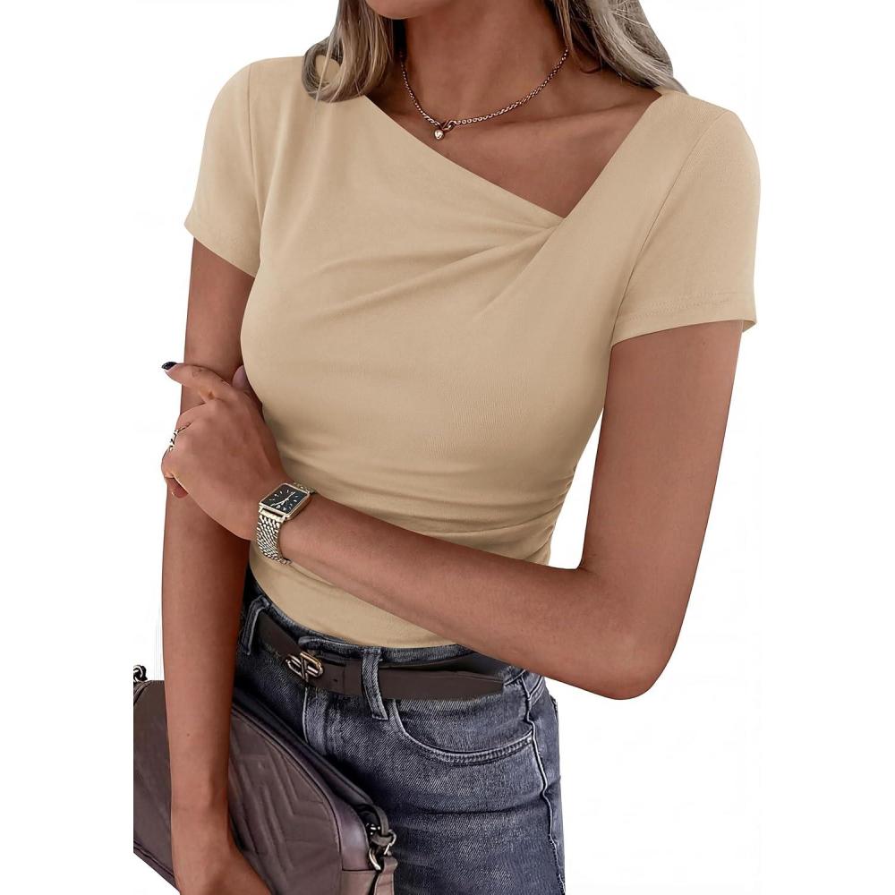 imagePRETTYGARDEN Womens 2026 Summer Asymmetrical Y2K Tops Trendy Ribbed Short Sleeve Fitted Tee Shirts Spring Fashion ClothingBeige
