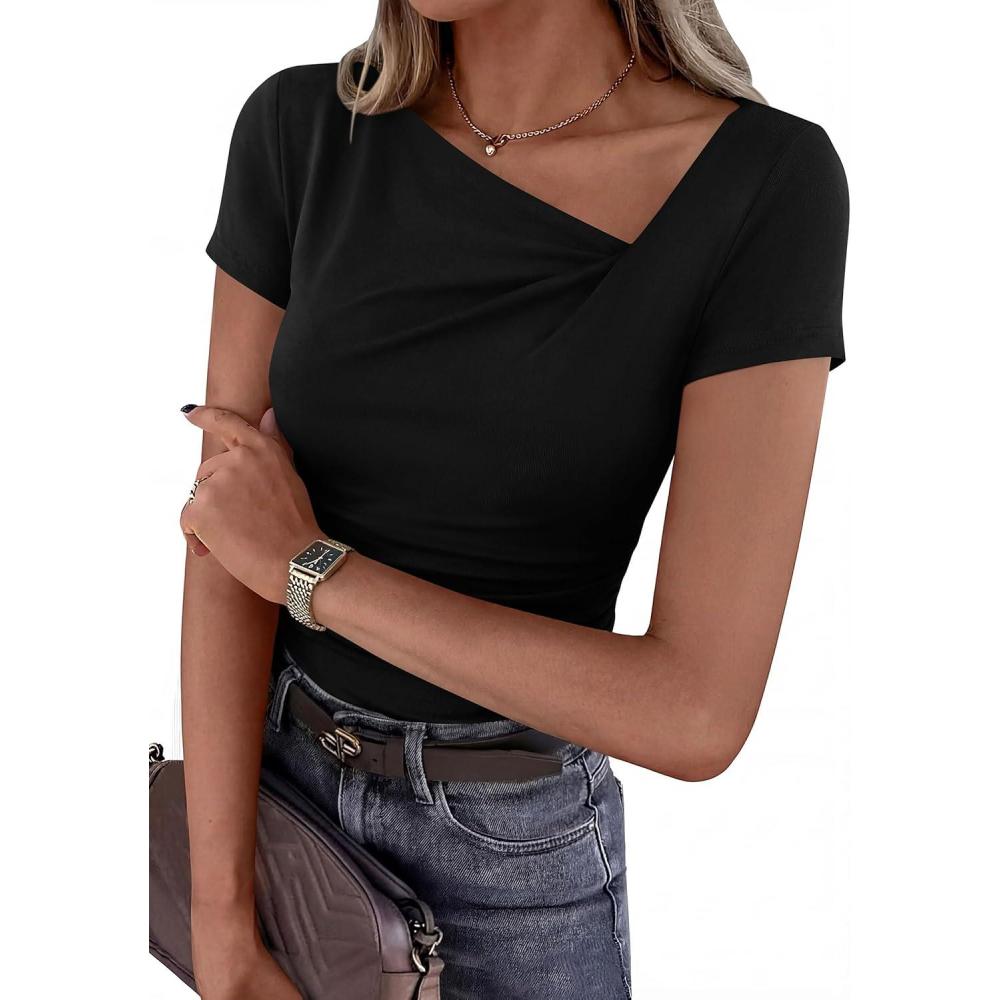 imagePRETTYGARDEN Womens 2026 Summer Asymmetrical Y2K Tops Trendy Ribbed Short Sleeve Fitted Tee Shirts Spring Fashion ClothingBlack