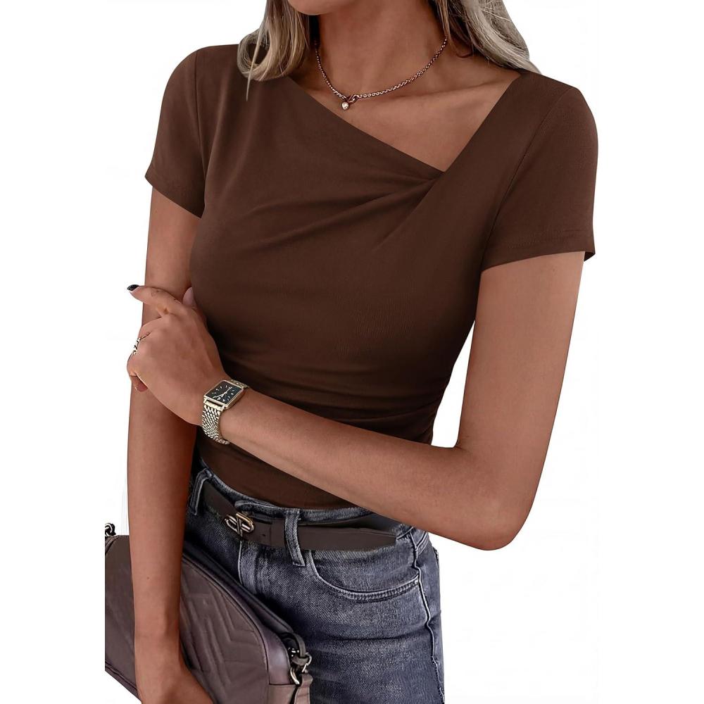 imagePRETTYGARDEN Womens 2026 Summer Asymmetrical Y2K Tops Trendy Ribbed Short Sleeve Fitted Tee Shirts Spring Fashion ClothingBrown