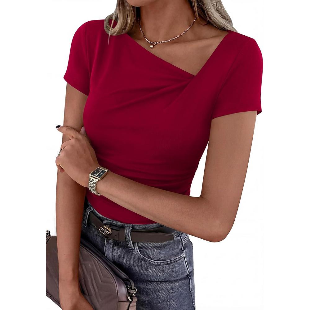 imagePRETTYGARDEN Womens 2026 Summer Asymmetrical Y2K Tops Trendy Ribbed Short Sleeve Fitted Tee Shirts Spring Fashion ClothingRed
