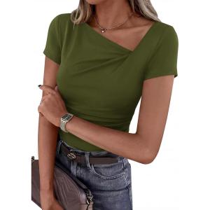 PRETTYGARDEN Women’s 2026 Summer Asymmetrical Y2K Tops Trendy Ribbed Short Sleeve Fitted Tee Shirts Spring Fashion Clothing(Army Green)
