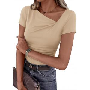 PRETTYGARDEN Women’s 2026 Summer Asymmetrical Y2K Tops Trendy Ribbed Short Sleeve Fitted Tee Shirts Spring Fashion Clothing(Beige)