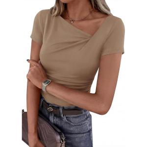 PRETTYGARDEN Women’s 2026 Summer Asymmetrical Y2K Tops Trendy Ribbed Short Sleeve Fitted Tee Shirts Spring Fashion Clothing(Khaki)