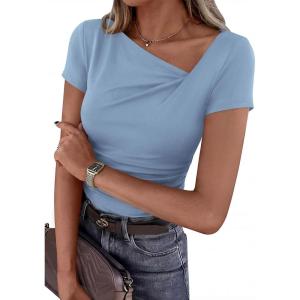 PRETTYGARDEN Women’s 2026 Summer Asymmetrical Y2K Tops Trendy Ribbed Short Sleeve Fitted Tee Shirts Spring Fashion Clothing(Light Blue)