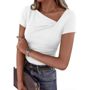 PRETTYGARDEN Women’s 2026 Summer Asymmetrical Y2K Tops Trendy Ribbed Short Sleeve Fitted Tee Shirts Spring Fashion Clothing(White)