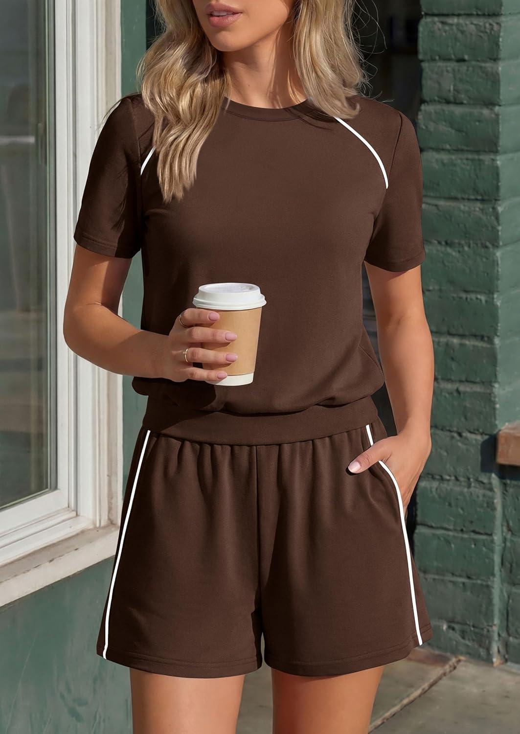 imagePRETTYGARDEN Shorts Sets Women 2 Piece Outfits Summer 2026 Matching Workout Athletic Clothing Casual Spring Travel LoungewearBrown