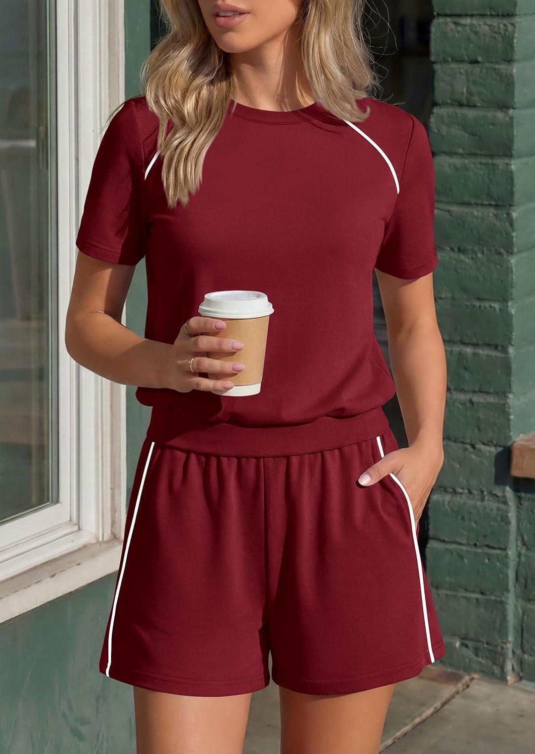 imagePRETTYGARDEN Shorts Sets Women 2 Piece Outfits Summer 2026 Matching Workout Athletic Clothing Casual Spring Travel LoungewearBurgundy