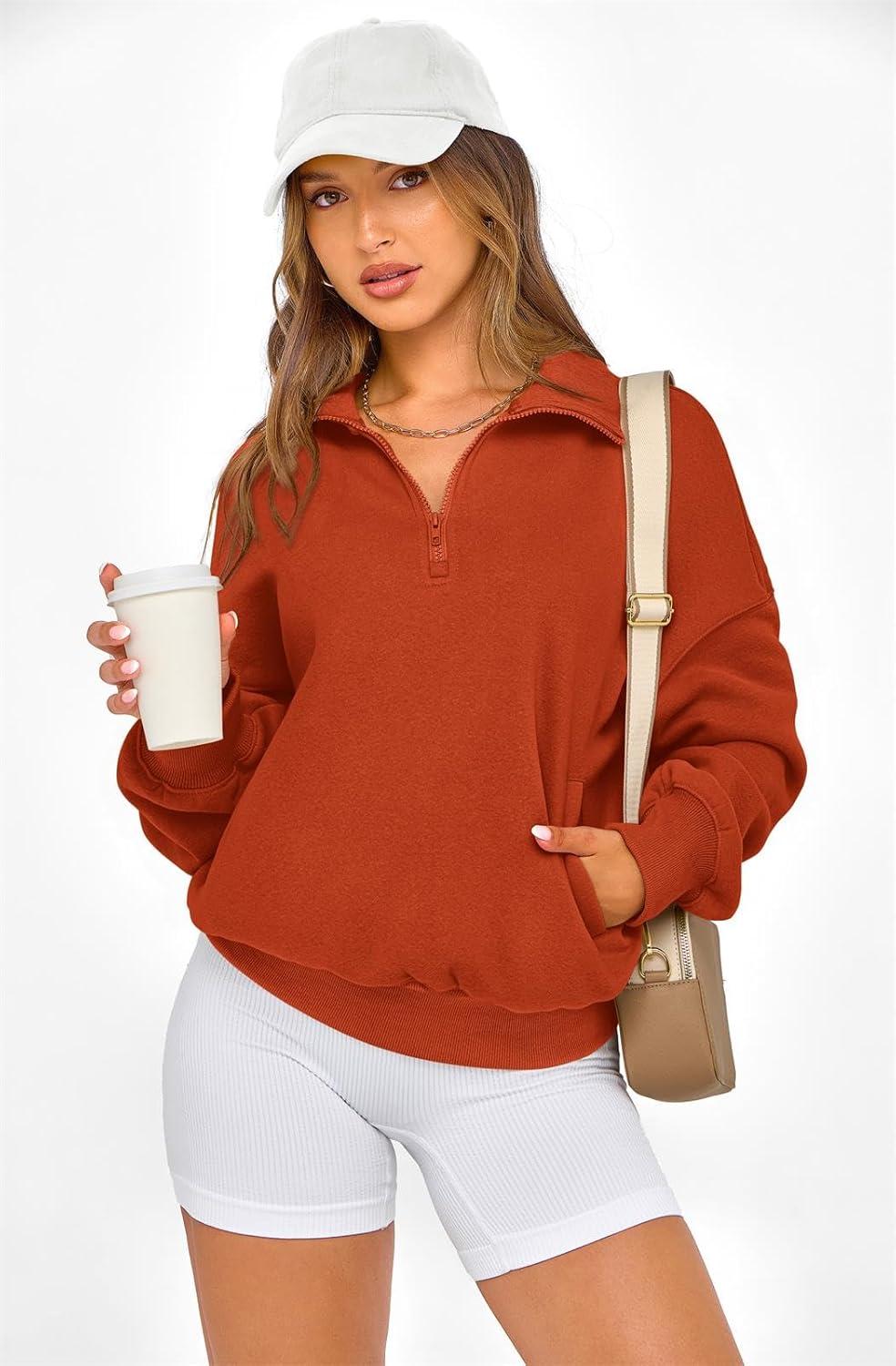 imagePRETTYGARDEN Womens Half Zip Oversized Sweatshirts Fleece Hoodies 2026 Trendy Long Sleeve Pullover Tops Y2k Spring OutfitsBrick Red