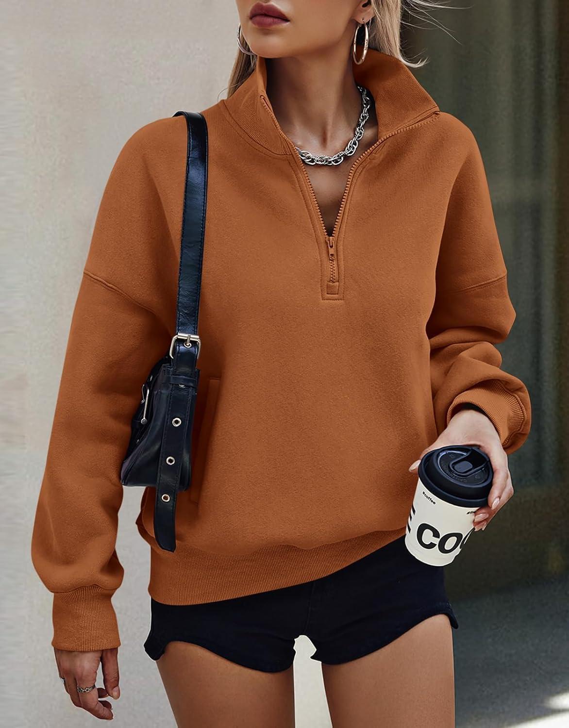 imagePRETTYGARDEN Womens Half Zip Oversized Sweatshirts Fleece Hoodies 2026 Trendy Long Sleeve Pullover Tops Y2k Spring OutfitsBrown