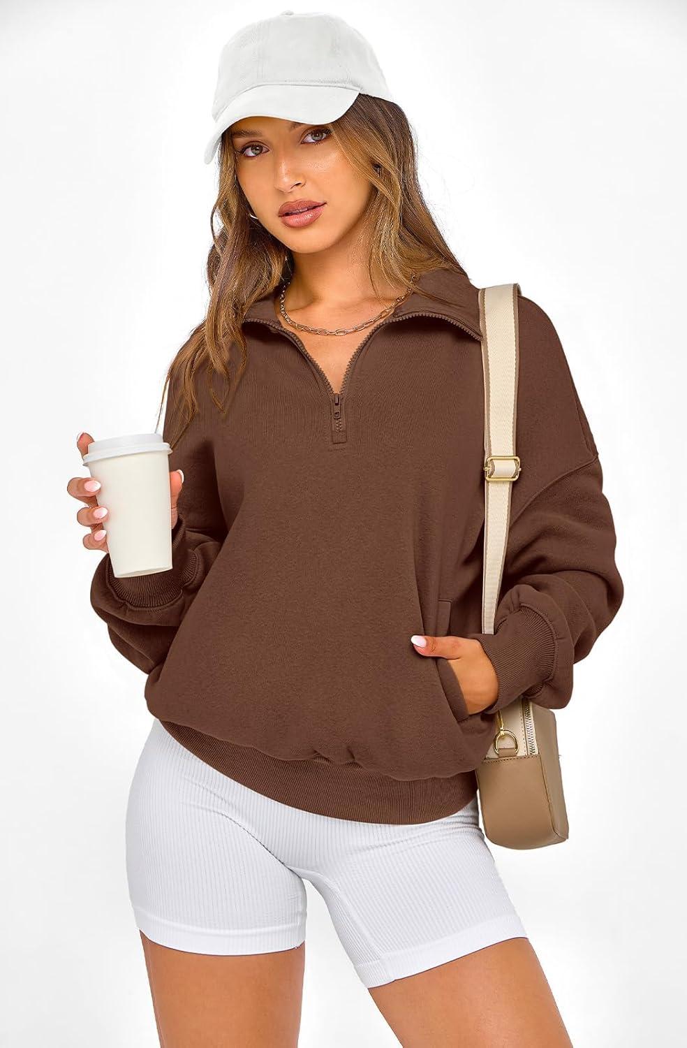 imagePRETTYGARDEN Womens Half Zip Oversized Sweatshirts Fleece Hoodies 2026 Trendy Long Sleeve Pullover Tops Y2k Spring OutfitsCoffee