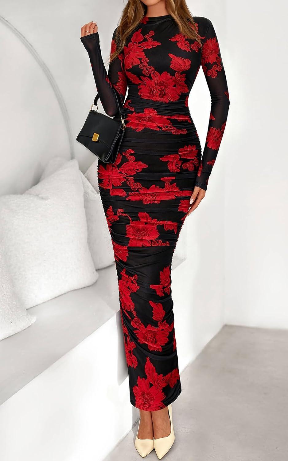 imagePRETTYGARDEN Womens Long Sleeve Maxi Dresses 2026 Spring Ruched Bodycon Floral Mesh Formal Wedding Guest Cocktail Party DressBlack Red Flower