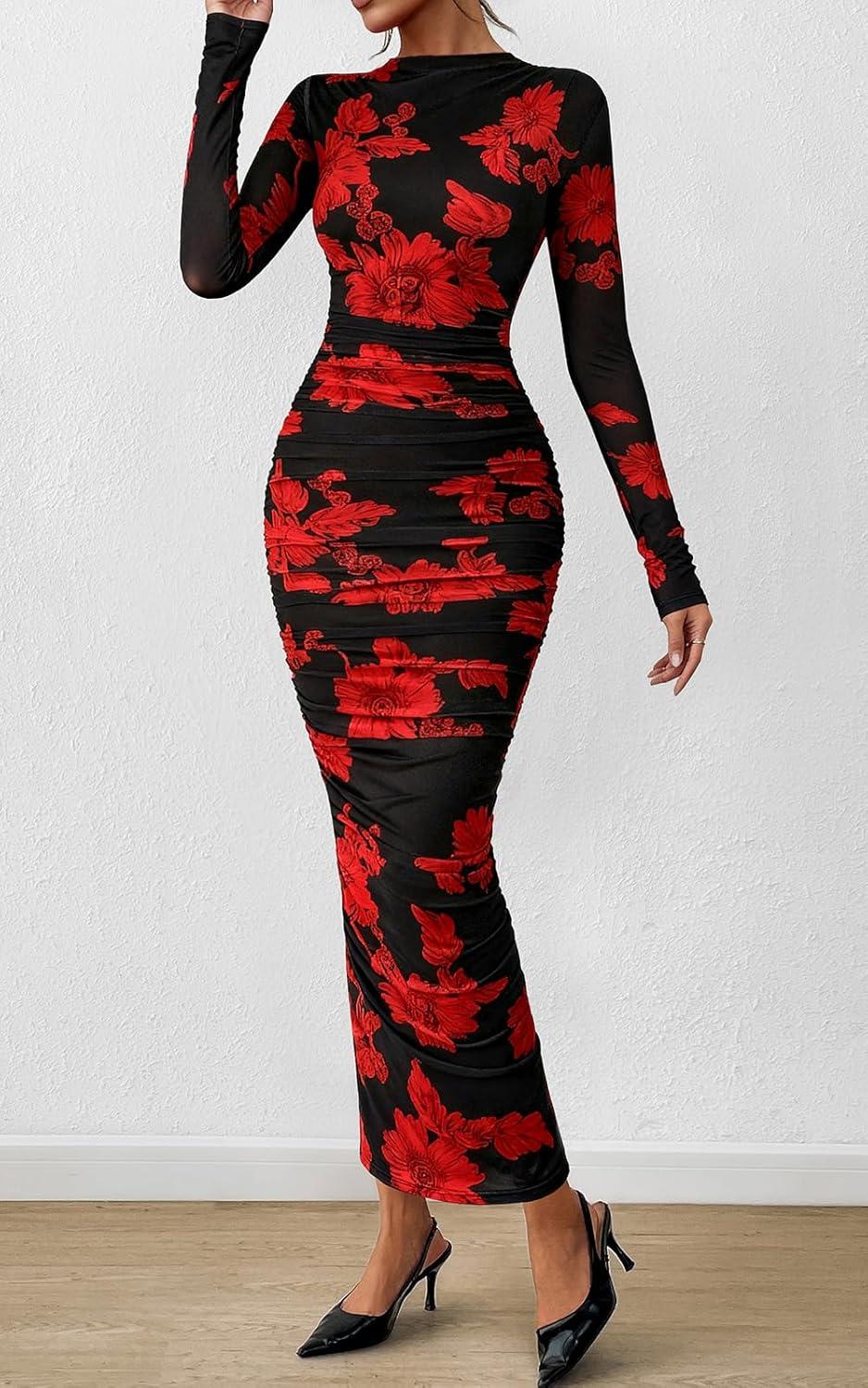 imagePRETTYGARDEN Womens Long Sleeve Maxi Dresses 2026 Spring Ruched Bodycon Floral Mesh Formal Wedding Guest Cocktail Party DressBlack Red Flower
