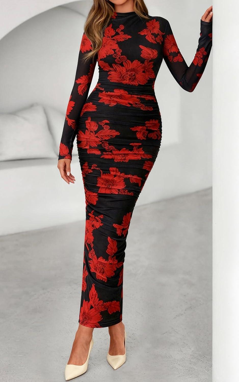 imagePRETTYGARDEN Womens Long Sleeve Maxi Dresses 2026 Spring Ruched Bodycon Floral Mesh Formal Wedding Guest Cocktail Party DressBlack Red Flower