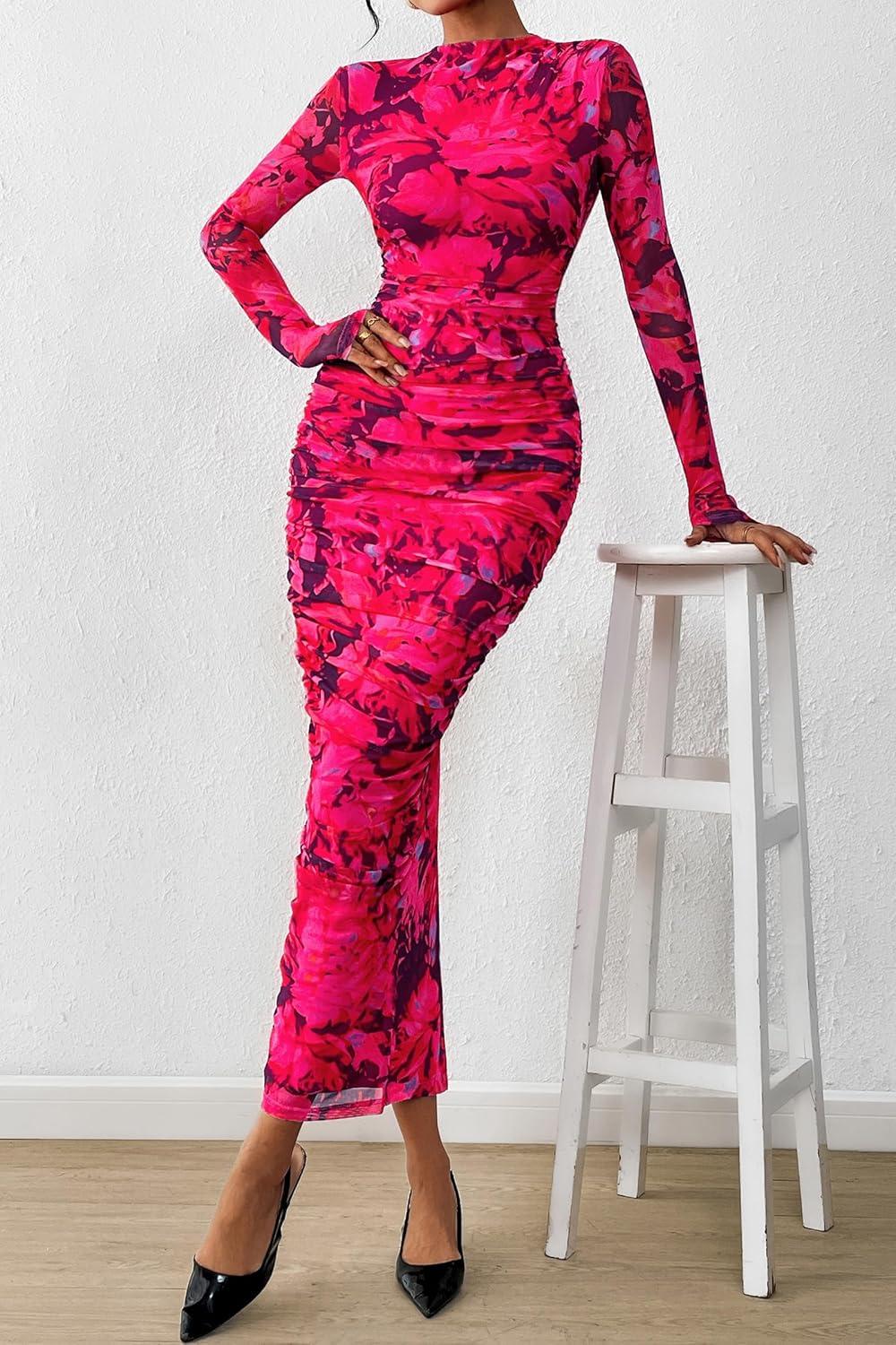 imagePRETTYGARDEN Womens Long Sleeve Maxi Dresses 2026 Spring Ruched Bodycon Floral Mesh Formal Wedding Guest Cocktail Party DressBlack Rose Red Big Floral