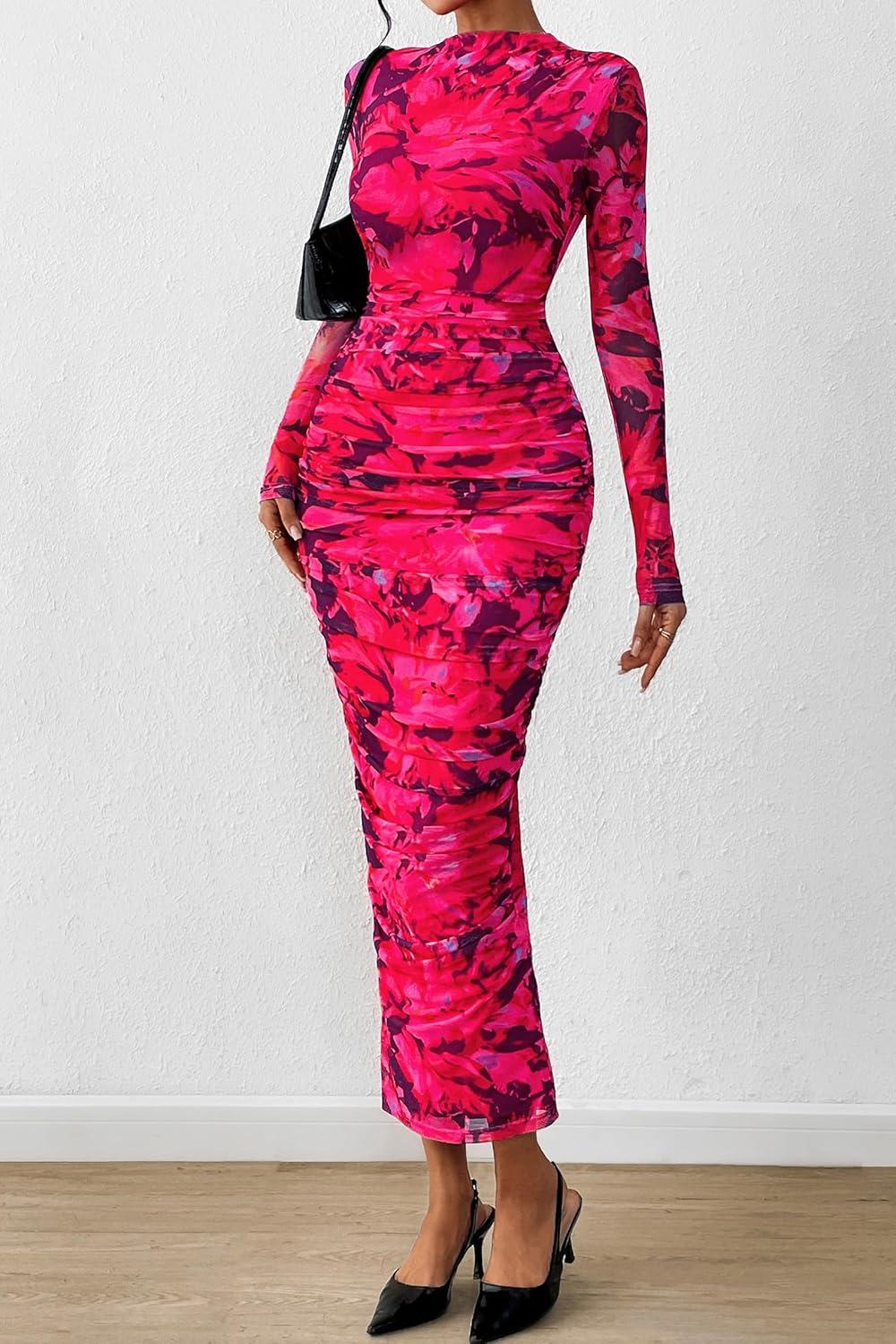 imagePRETTYGARDEN Womens Long Sleeve Maxi Dresses 2026 Spring Ruched Bodycon Floral Mesh Formal Wedding Guest Cocktail Party DressBlack Rose Red Big Floral