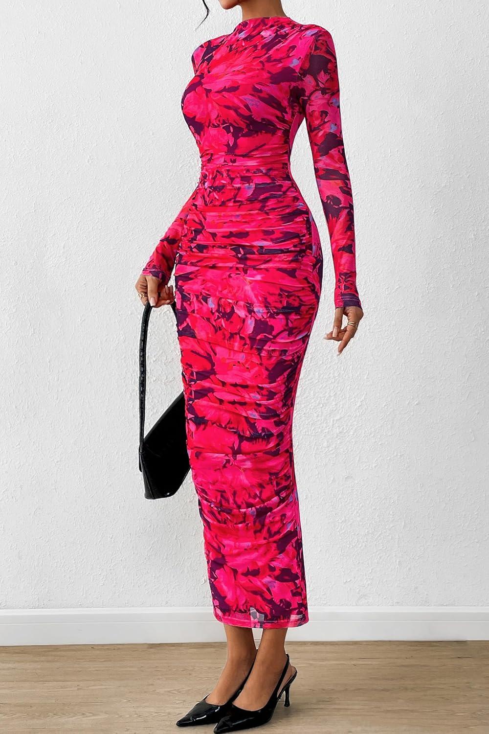 imagePRETTYGARDEN Womens Long Sleeve Maxi Dresses 2026 Spring Ruched Bodycon Floral Mesh Formal Wedding Guest Cocktail Party DressBlack Rose Red Big Floral