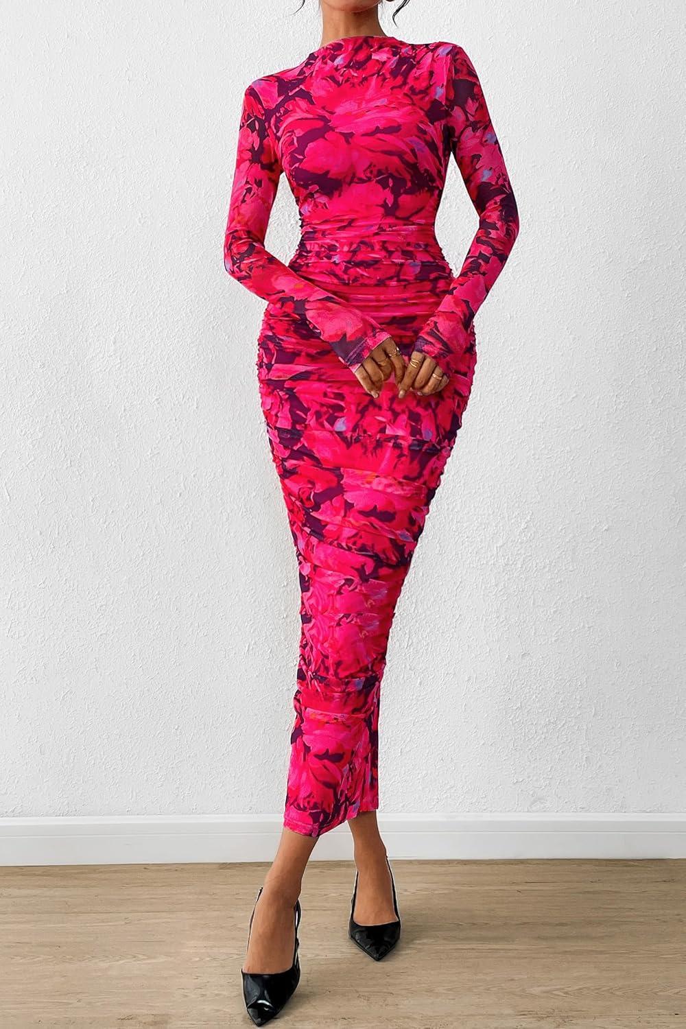 imagePRETTYGARDEN Womens Long Sleeve Maxi Dresses 2026 Spring Ruched Bodycon Floral Mesh Formal Wedding Guest Cocktail Party DressBlack Rose Red Big Floral