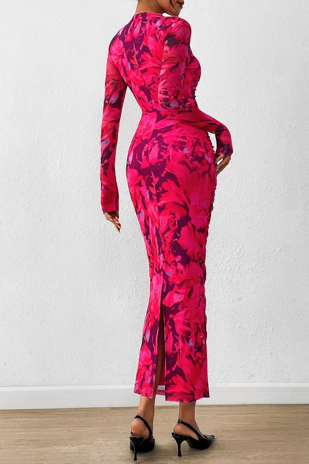 imagePRETTYGARDEN Womens Long Sleeve Maxi Dresses 2026 Spring Ruched Bodycon Floral Mesh Formal Wedding Guest Cocktail Party DressBlack Rose Red Big Floral