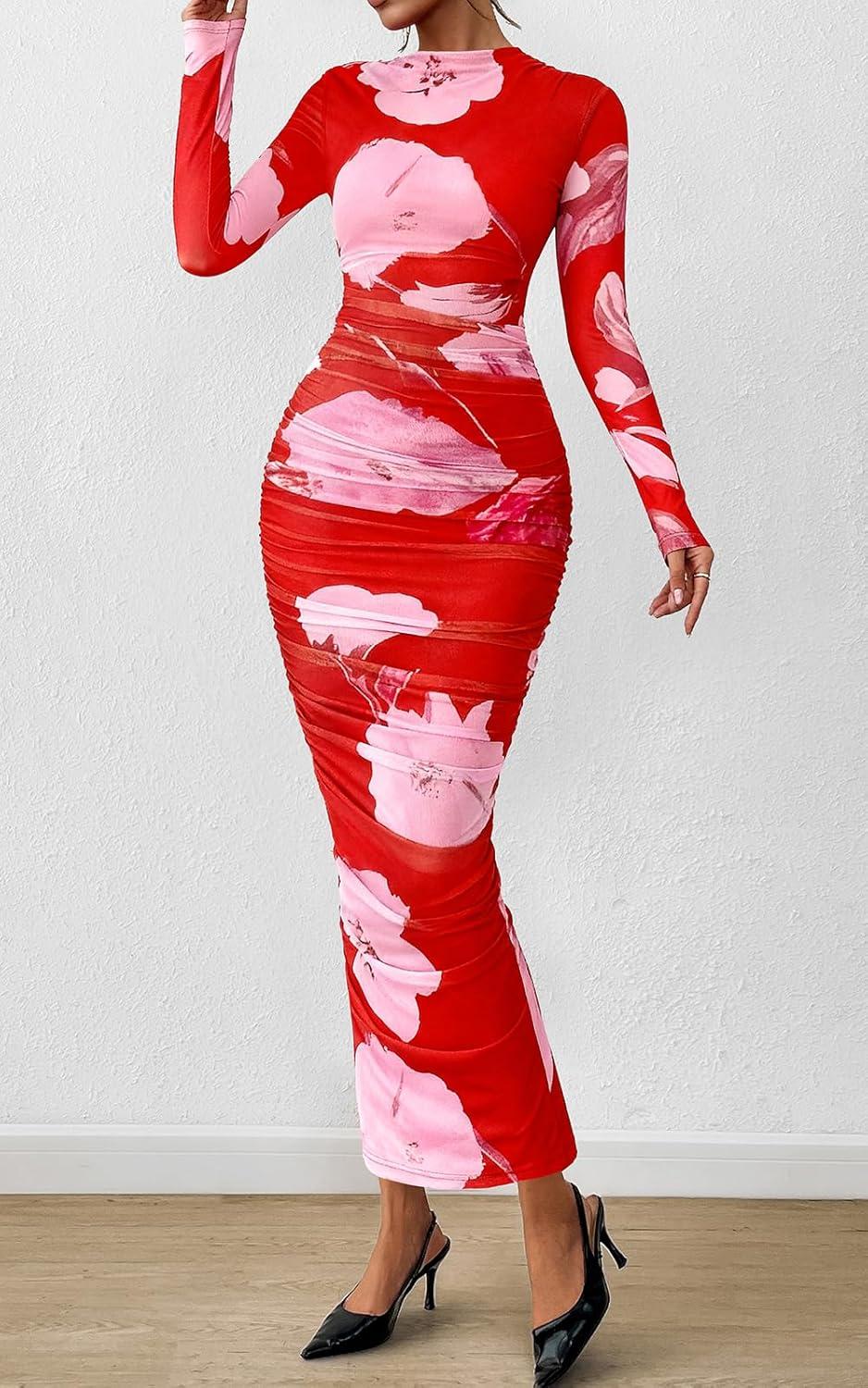 imagePRETTYGARDEN Womens Long Sleeve Maxi Dresses 2026 Spring Ruched Bodycon Floral Mesh Formal Wedding Guest Cocktail Party DressBrick Red Flower