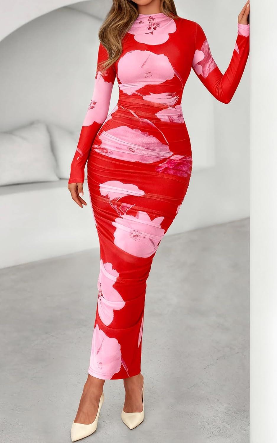 imagePRETTYGARDEN Womens Long Sleeve Maxi Dresses 2026 Spring Ruched Bodycon Floral Mesh Formal Wedding Guest Cocktail Party DressBrick Red Flower