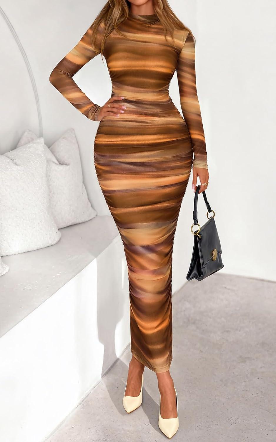imagePRETTYGARDEN Womens Long Sleeve Maxi Dresses 2026 Spring Ruched Bodycon Floral Mesh Formal Wedding Guest Cocktail Party DressBrown Floral