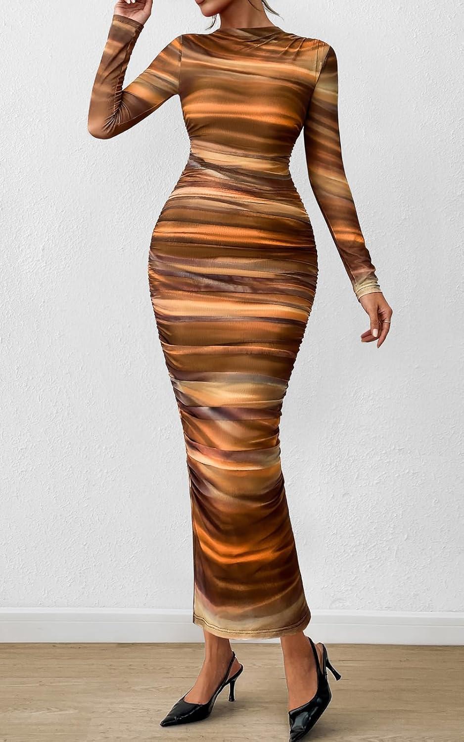 imagePRETTYGARDEN Womens Long Sleeve Maxi Dresses 2026 Spring Ruched Bodycon Floral Mesh Formal Wedding Guest Cocktail Party DressBrown Floral