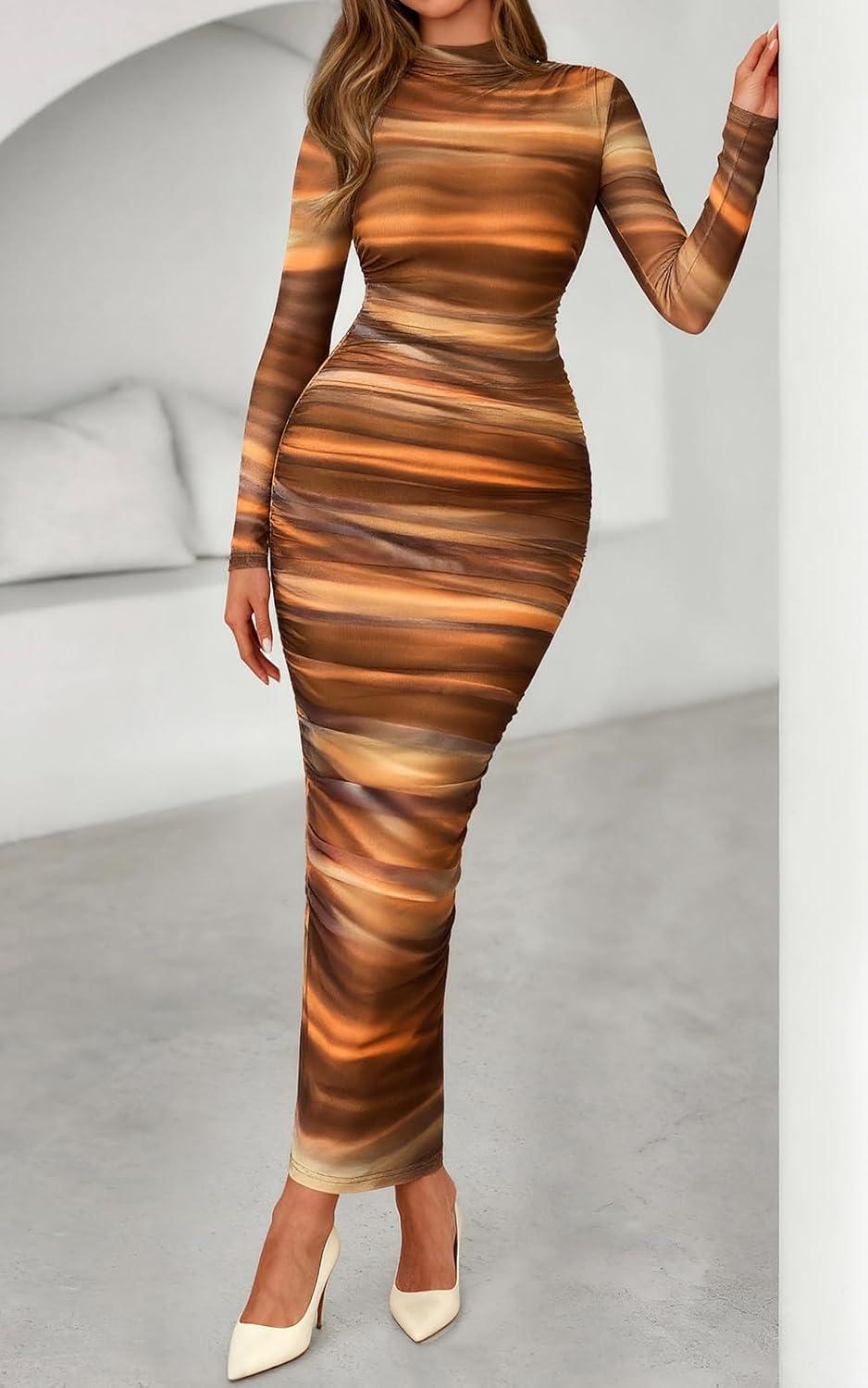 imagePRETTYGARDEN Womens Long Sleeve Maxi Dresses 2026 Spring Ruched Bodycon Floral Mesh Formal Wedding Guest Cocktail Party DressBrown Floral
