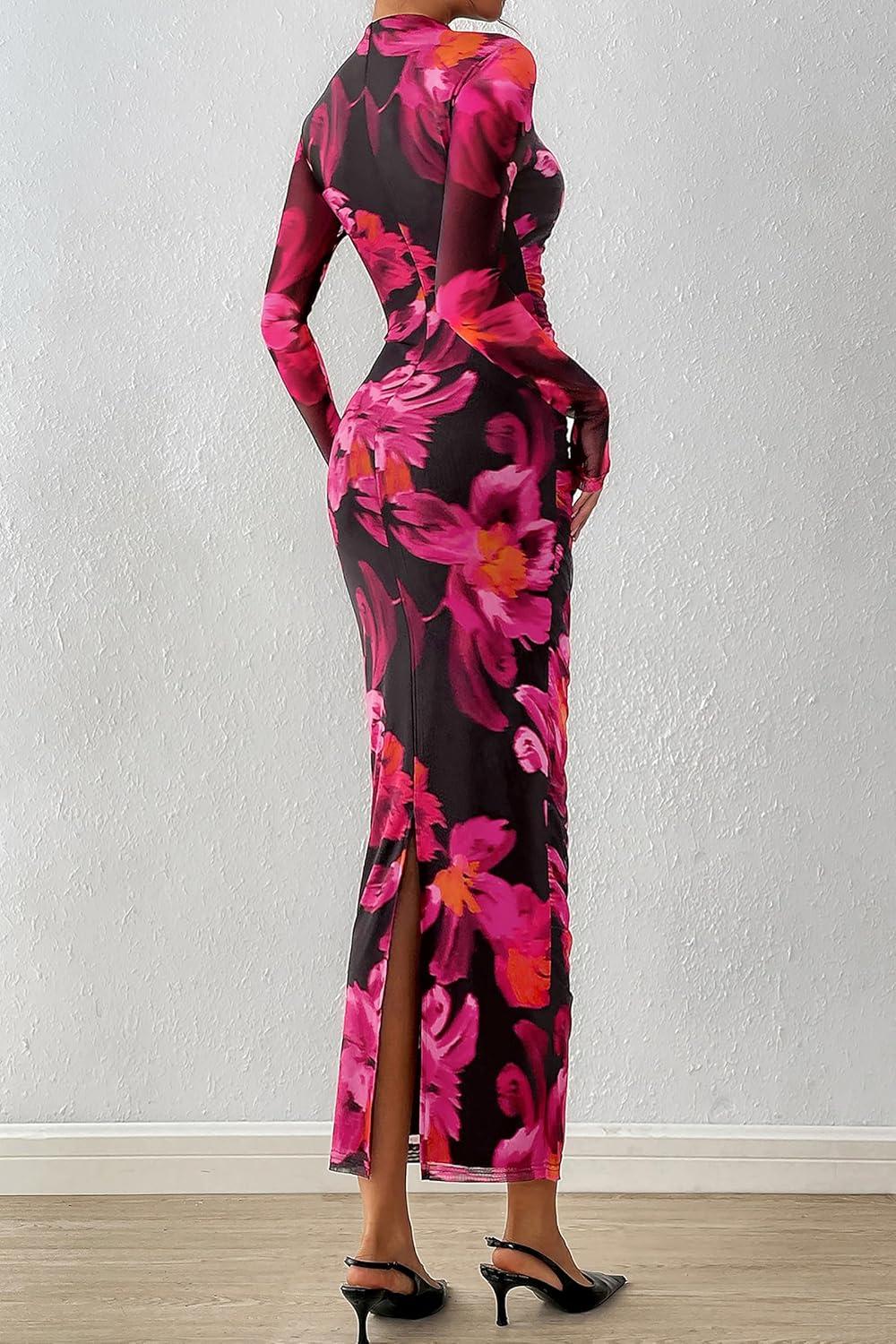 imagePRETTYGARDEN Womens Long Sleeve Maxi Dresses 2026 Spring Ruched Bodycon Floral Mesh Formal Wedding Guest Cocktail Party DressFloral Black Pink