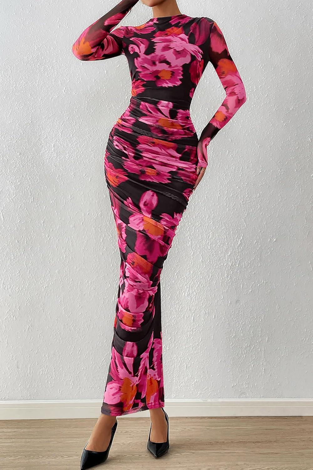imagePRETTYGARDEN Womens Long Sleeve Maxi Dresses 2026 Spring Ruched Bodycon Floral Mesh Formal Wedding Guest Cocktail Party DressFloral Black Pink