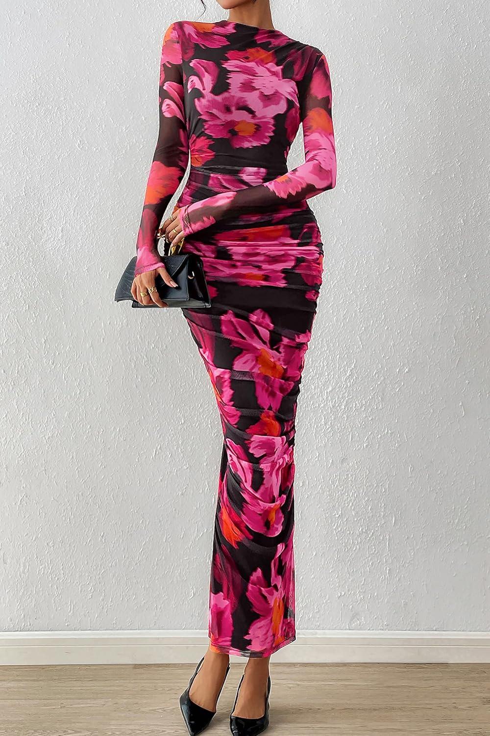 imagePRETTYGARDEN Womens Long Sleeve Maxi Dresses 2026 Spring Ruched Bodycon Floral Mesh Formal Wedding Guest Cocktail Party DressFloral Black Pink