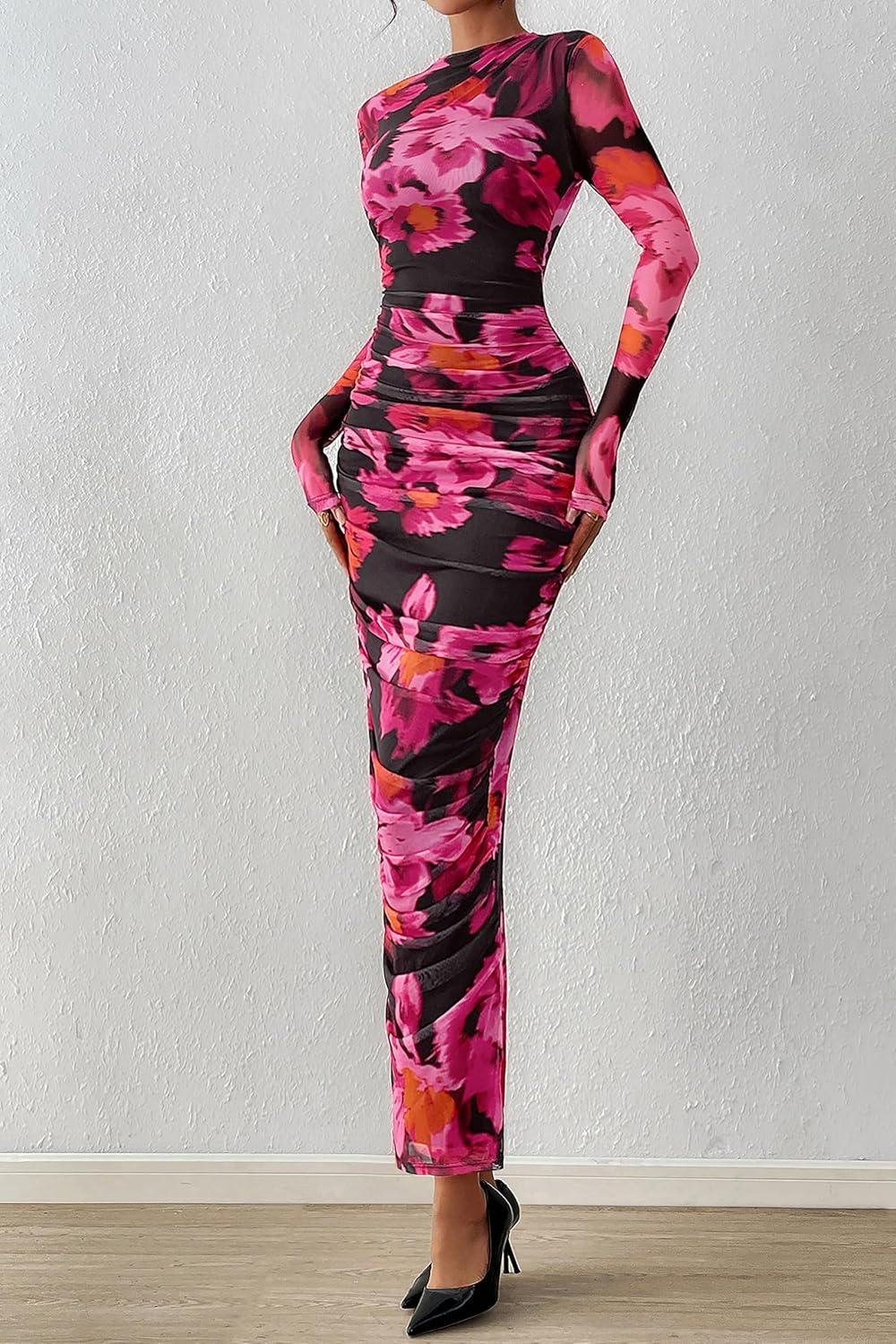 imagePRETTYGARDEN Womens Long Sleeve Maxi Dresses 2026 Spring Ruched Bodycon Floral Mesh Formal Wedding Guest Cocktail Party DressFloral Black Pink