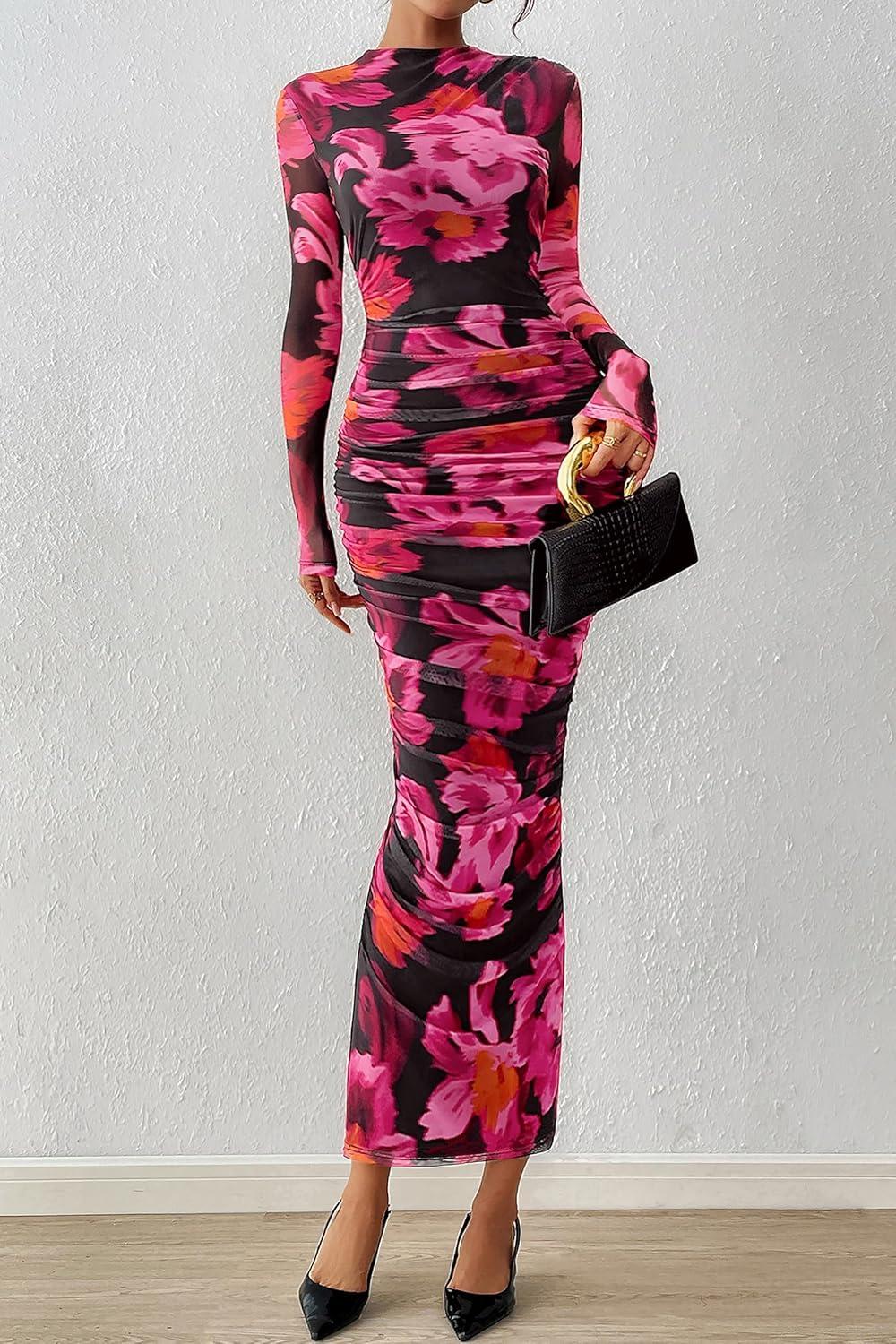 imagePRETTYGARDEN Womens Long Sleeve Maxi Dresses 2026 Spring Ruched Bodycon Floral Mesh Formal Wedding Guest Cocktail Party DressFloral Black Pink
