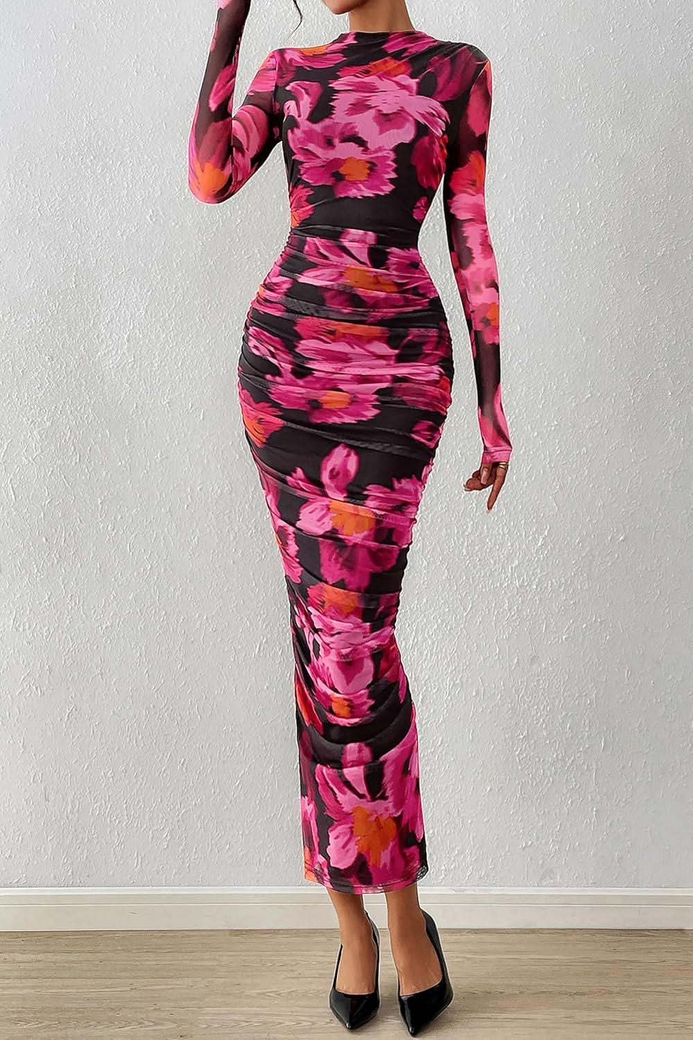 imagePRETTYGARDEN Womens Long Sleeve Maxi Dresses 2026 Spring Ruched Bodycon Floral Mesh Formal Wedding Guest Cocktail Party DressFloral Black Pink