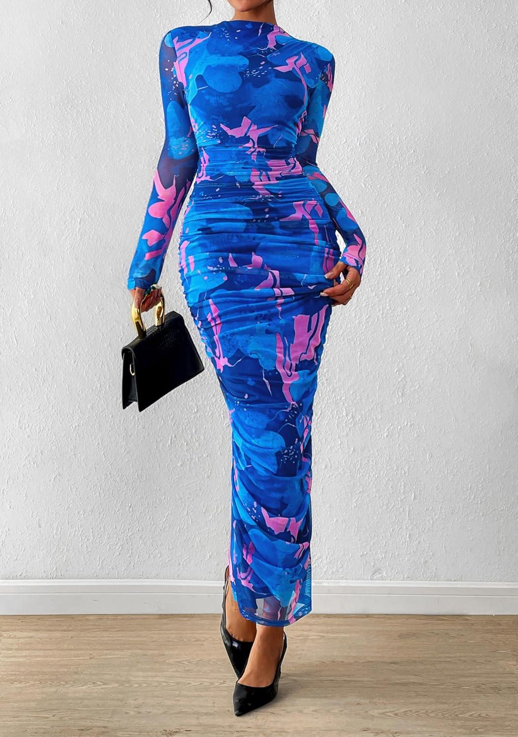 imagePRETTYGARDEN Womens Long Sleeve Maxi Dresses 2026 Spring Ruched Bodycon Floral Mesh Formal Wedding Guest Cocktail Party DressFloral Blue Pink