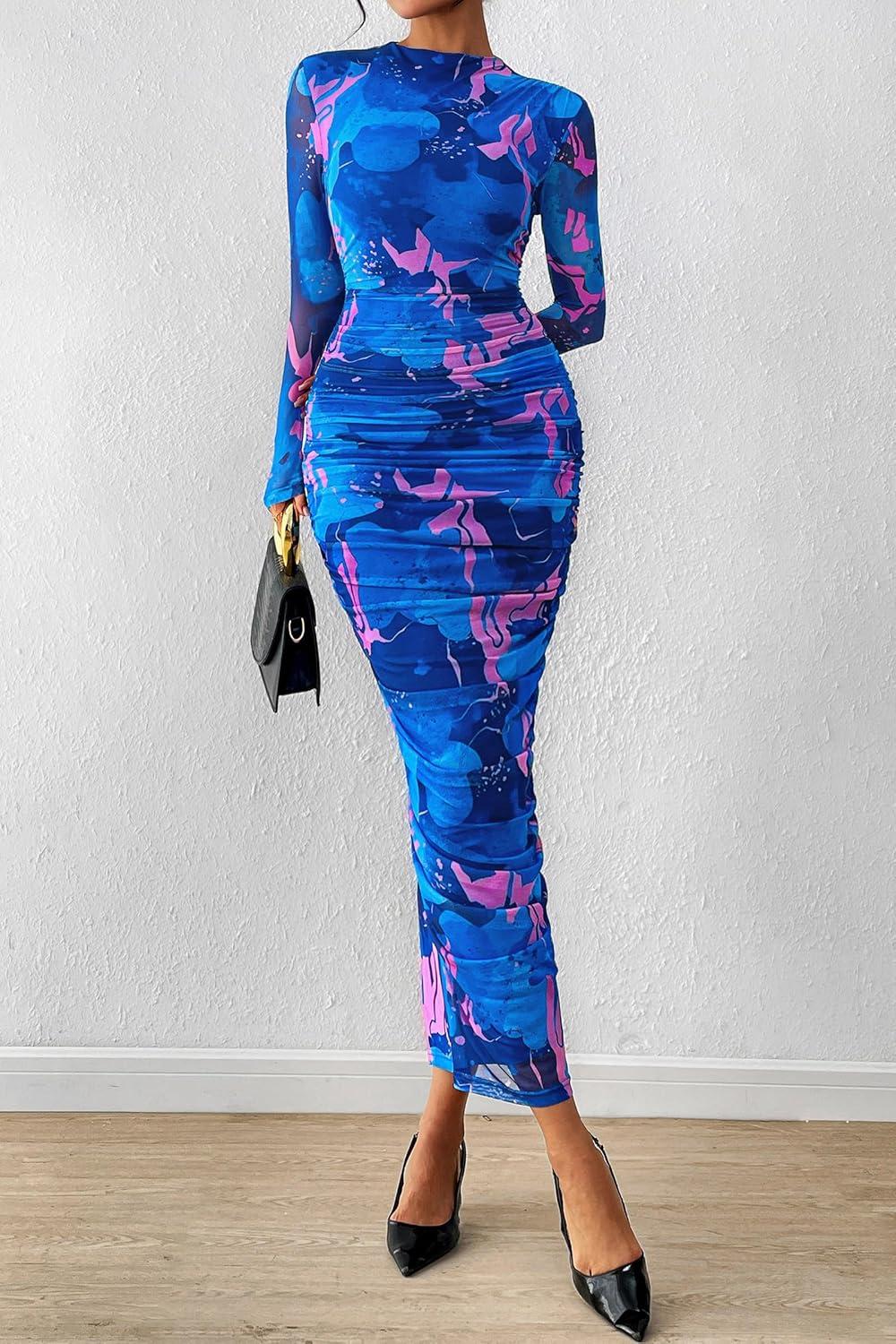 imagePRETTYGARDEN Womens Long Sleeve Maxi Dresses 2026 Spring Ruched Bodycon Floral Mesh Formal Wedding Guest Cocktail Party DressFloral Blue Pink