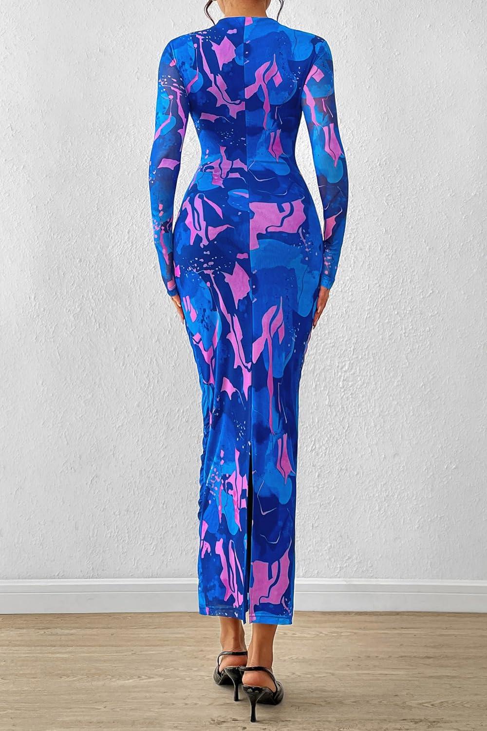 imagePRETTYGARDEN Womens Long Sleeve Maxi Dresses 2026 Spring Ruched Bodycon Floral Mesh Formal Wedding Guest Cocktail Party DressFloral Blue Pink