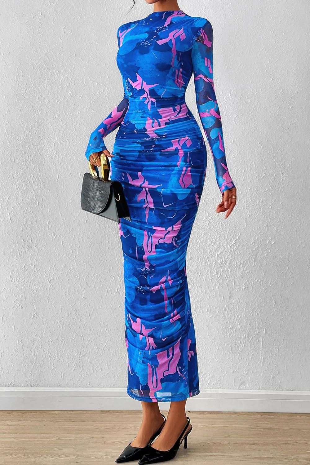 imagePRETTYGARDEN Womens Long Sleeve Maxi Dresses 2026 Spring Ruched Bodycon Floral Mesh Formal Wedding Guest Cocktail Party DressFloral Blue Pink