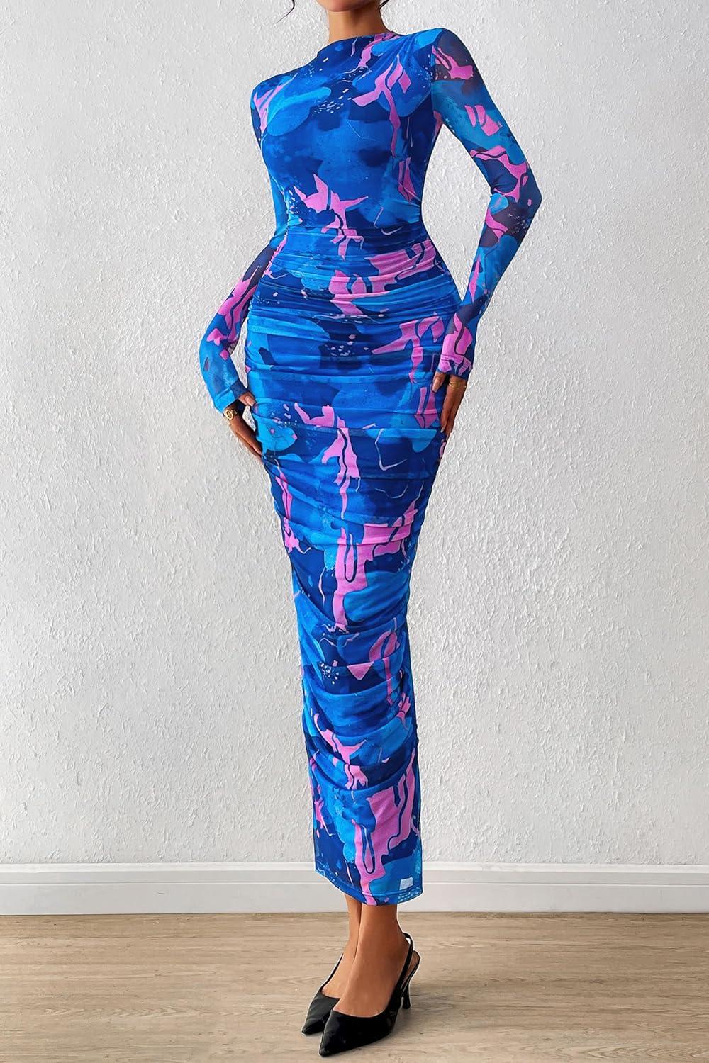 imagePRETTYGARDEN Womens Long Sleeve Maxi Dresses 2026 Spring Ruched Bodycon Floral Mesh Formal Wedding Guest Cocktail Party DressFloral Blue Pink