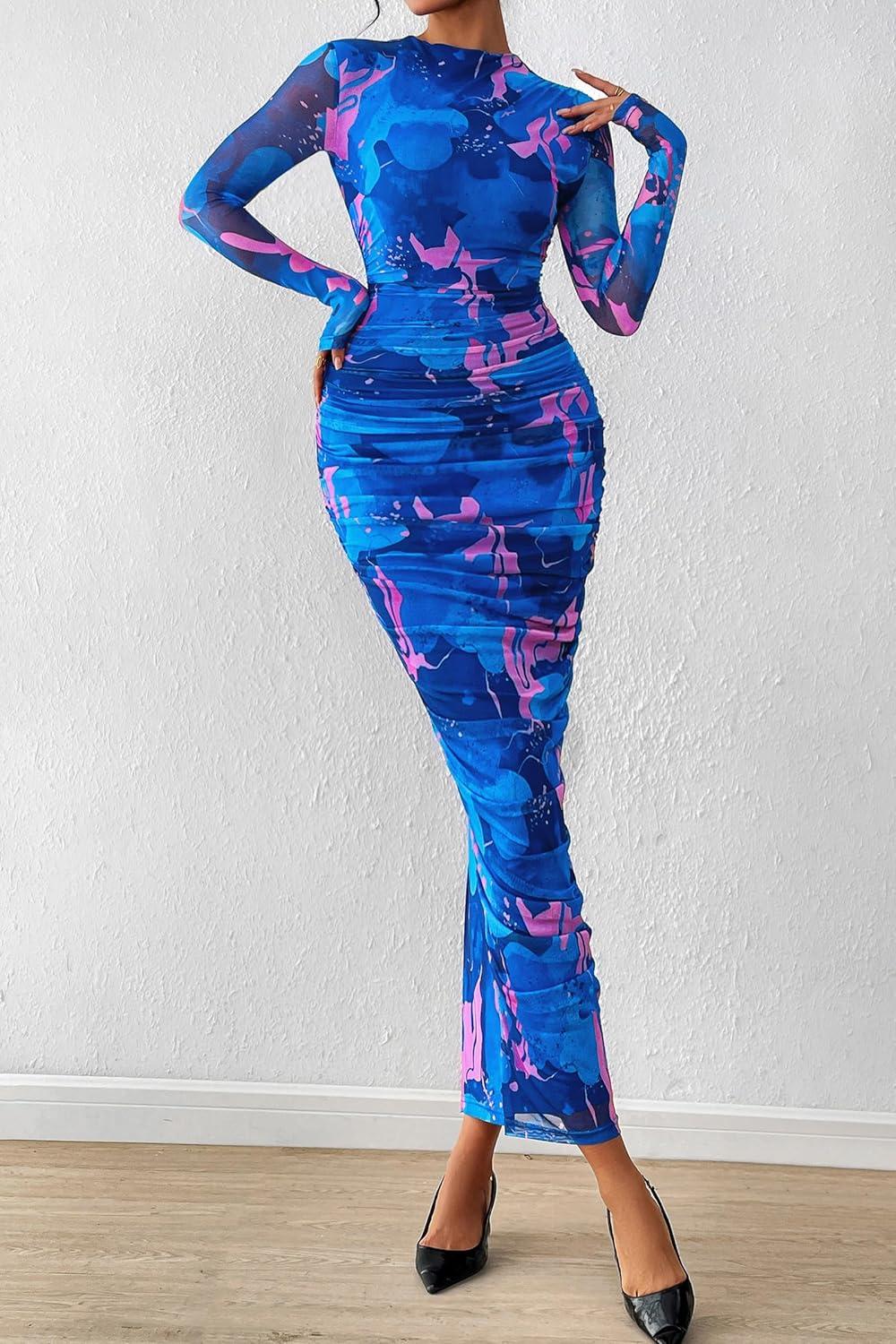 imagePRETTYGARDEN Womens Long Sleeve Maxi Dresses 2026 Spring Ruched Bodycon Floral Mesh Formal Wedding Guest Cocktail Party DressFloral Blue Pink
