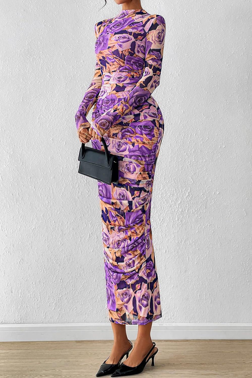 imagePRETTYGARDEN Womens Long Sleeve Maxi Dresses 2026 Spring Ruched Bodycon Floral Mesh Formal Wedding Guest Cocktail Party DressFloral Grey Purple