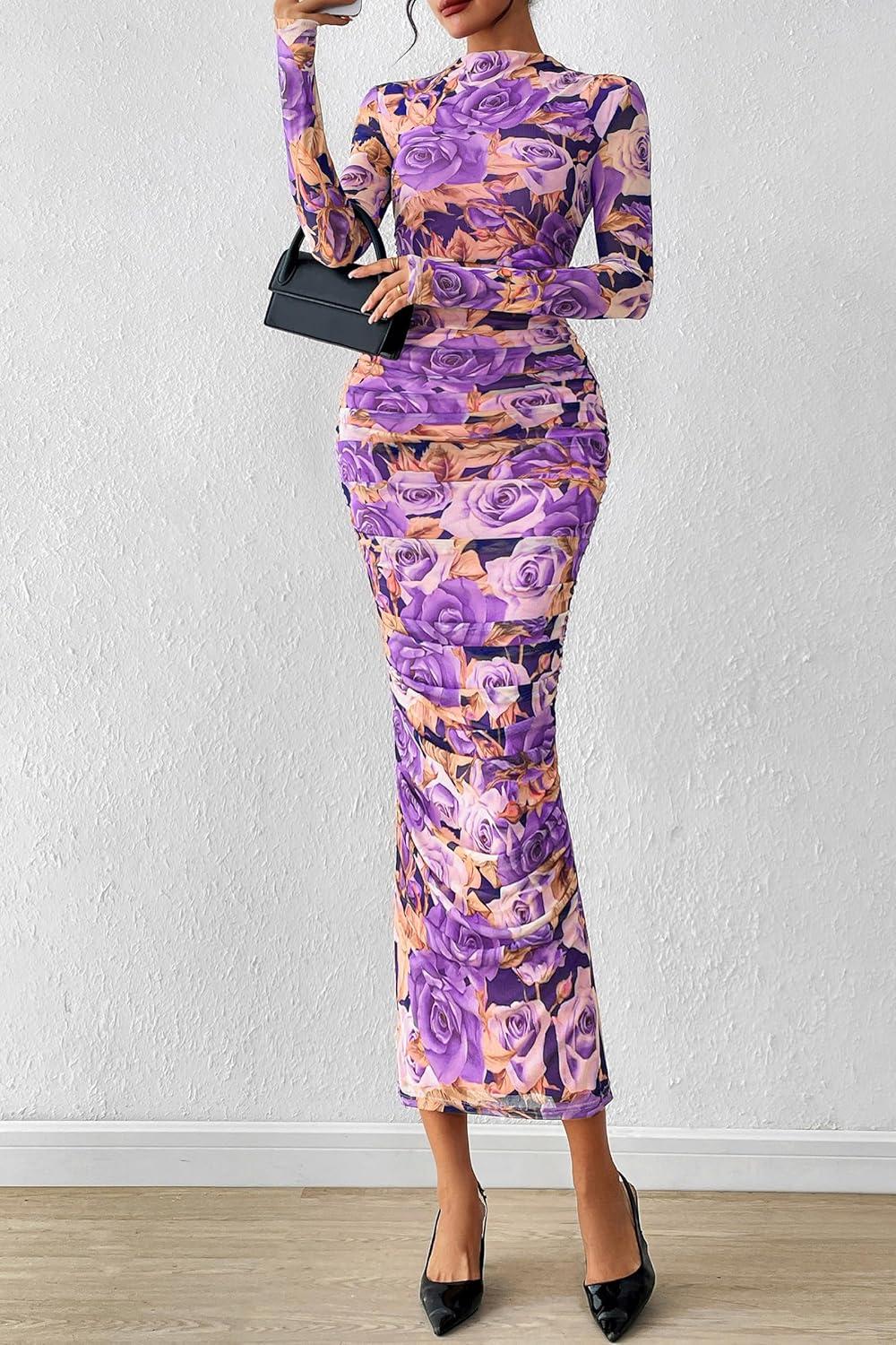 imagePRETTYGARDEN Womens Long Sleeve Maxi Dresses 2026 Spring Ruched Bodycon Floral Mesh Formal Wedding Guest Cocktail Party DressFloral Grey Purple